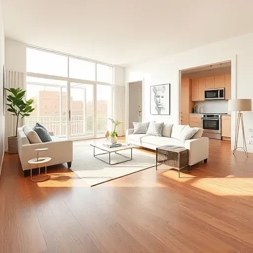 Freshly painted modern condo interior in Centennial Colorado featuring natural light, neutral walls, hardwood floors, minimalist furnishings, and a pristine kitchen.