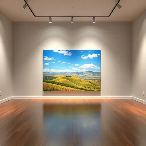 Painting of a vibrant Sheridan, CO landscape with hills, blue sky, and modern gallery setting, showcasing artistic beauty.
