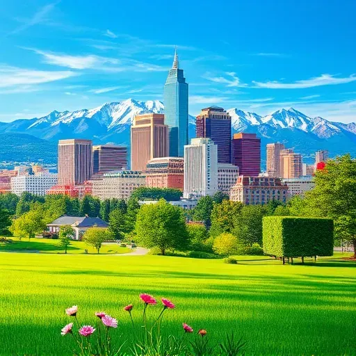 Completed painting of Denver's vibrant cityscape with stunning architecture, mountains, and a lush park.