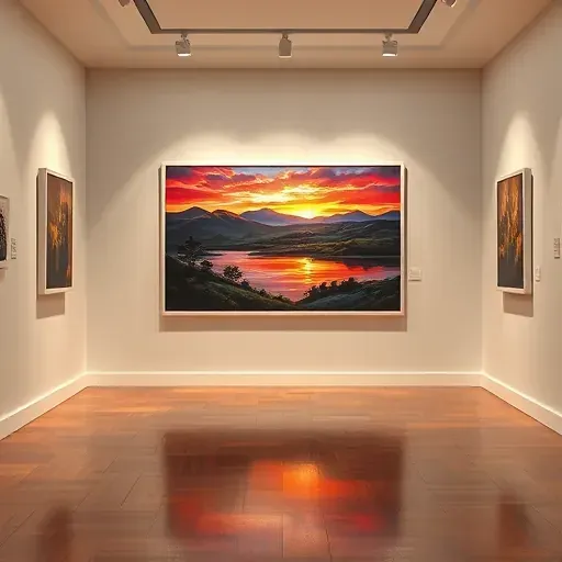 Completed painting of a sunset landscape displayed in an elegant gallery in Greenwood Village, CO with soft lighting.