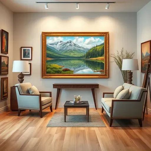 Completed landscape painting in Bow Mar, CO, showcasing serene lake, mountains, and elegant art studio decor.