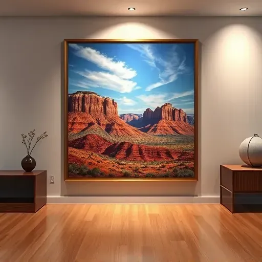 Completed painting in gallery showcasing vibrant Colorado landscape with red rock formations and foothills under blue sky.