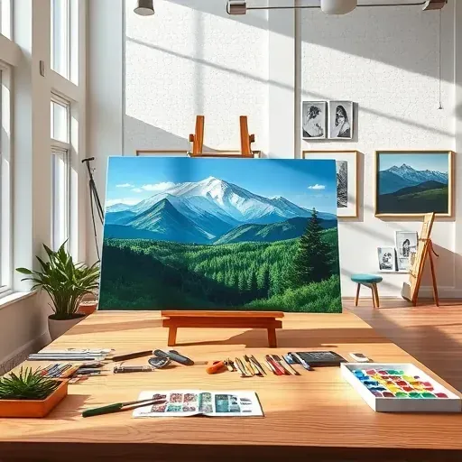Bright studio in Highlands Ranch CO features serene mountain painting and organized art supplies, highlighting craftsmanship.