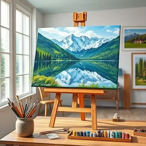 Completed painting of Bow Mar CO lakeside scene on easel in art studio with art supplies and natural light.