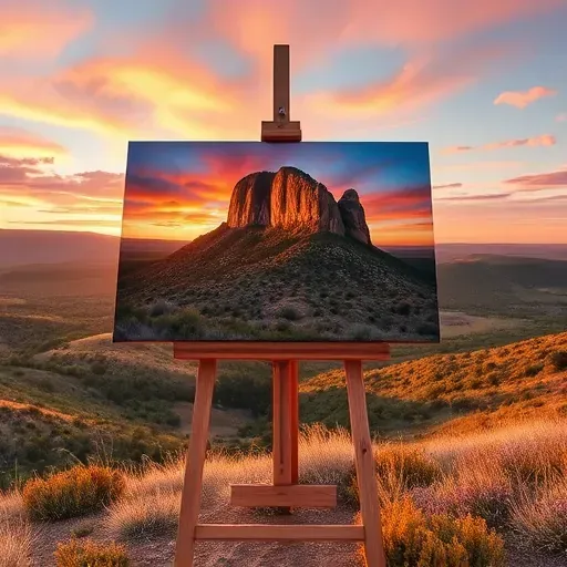 Painting of Castle Rock, CO at sunset with vibrant colors, easel in focus, highlighting serene landscape details.