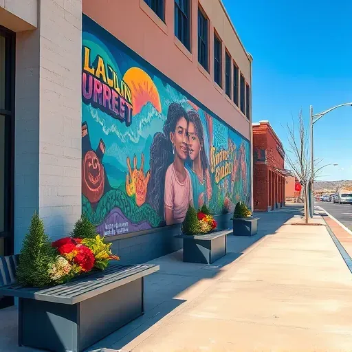 Colorful community mural on modern building in Centennial Colorado with lush greenery and clear blue sky