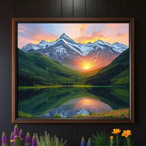 Painting of serene Lowry CO mountain landscape with snow-capped peaks, vibrant flowers, sunset and mirrored lake.