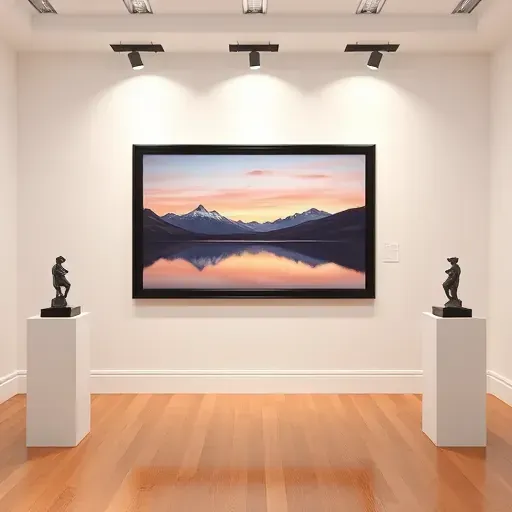 Completed landscape painting of Rocky Mountains at dusk showcased in elegant Bow Mar gallery with minimalist decor.