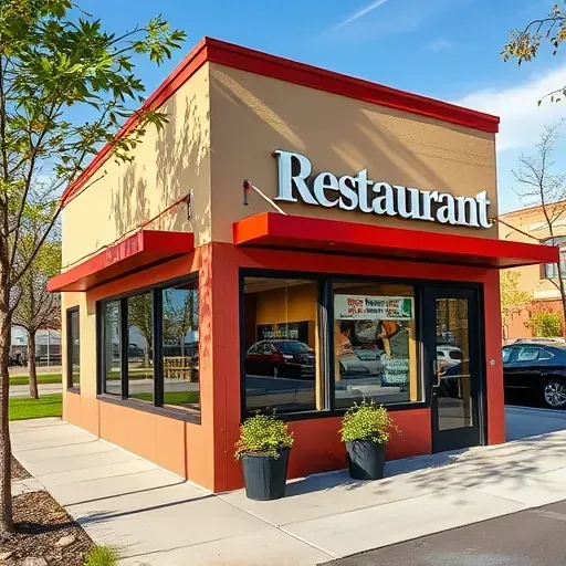 Freshly painted restaurant exterior in Centennial Colorado with vibrant colors, detailed textures, clean signage, and surrounding suburban environment