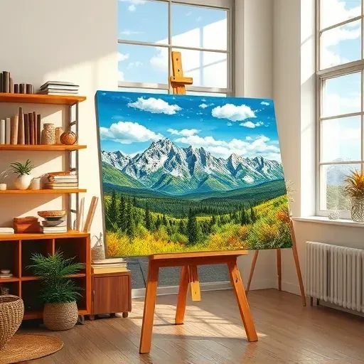 Completed painting in Erie CO features Rocky Mountains, lush greenery, and serene sky in a modern art studio setting.