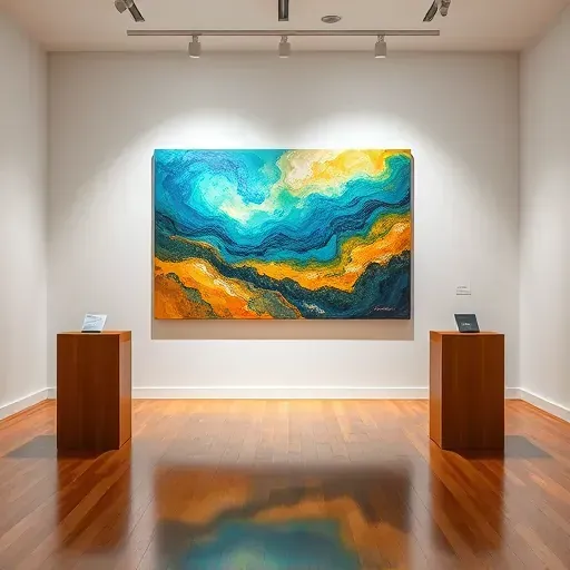 A vibrant abstract landscape painting in a modern gallery in Englewood, CO, illuminated and elegantly displayed.