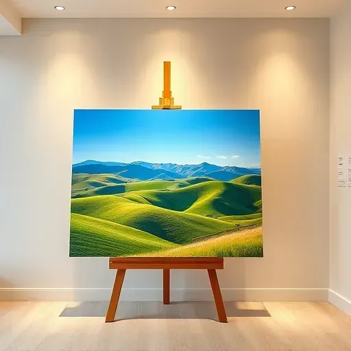 A completed painting in a gallery in Federal Heights, CO, showing vibrant Colorado landscape with soft lighting.