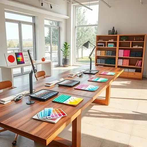 Color consulting display in Centennial CO featuring color swatches, paint samples, digital tools, and a bright modern workspace