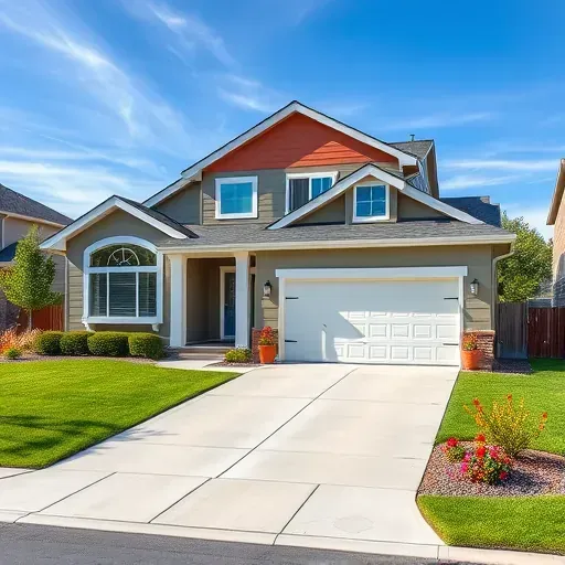 Freshly painted modern suburban home in Centennial Colorado with vibrant colors, lush lawn, flowering garden, and blue sky