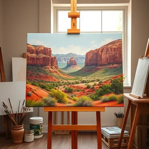 A vibrant painting of red rock formations displayed on a wooden easel in a softly lit artist’s studio in Morrison CO.