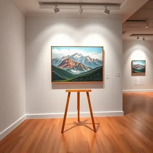 Painting of serene mountain landscapes in a well-lit gallery in Parker, CO, showcasing vibrant colors and craftsmanship.
