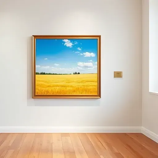 Completed painting of Wheat Ridge CO landscape with golden wheat fields under a clear blue sky in minimalist gallery.