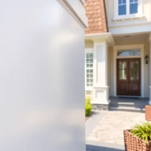 Finished exterior wall with smooth paint lines, subtle shine, clean details, sunny background, highlighting expert painting.