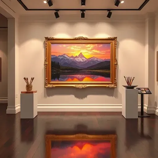 A vibrant sunset painting over the Rocky Mountains in an elegant Louisville gallery with polished wood floors.