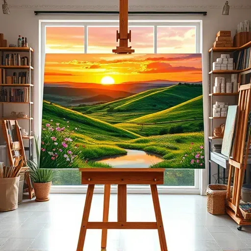 Painting of Cherry Hills Village sunset with vibrant colors, lush hills, and tranquil pond in an inviting art studio.