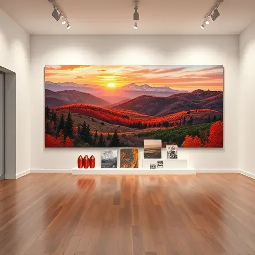 Painting of Rocky Mountains at sunset in Highlands Ranch CO, displayed in a modern gallery setting with subtle lighting.