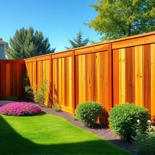 Stained wooden fence in a lush green backyard with flowering plants, trim bushes, blue sky, natural light highlighting wood grain and finish