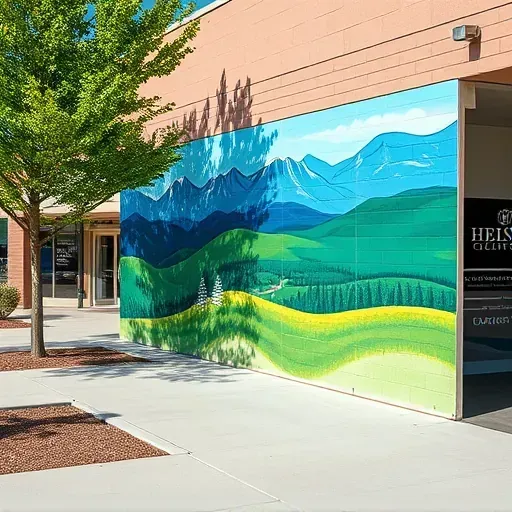 Vibrant detailed mural of Colorado mountains and forests on a business wall in Centennial Colorado with lush surroundings