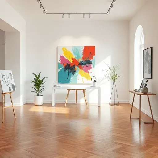 A vibrant abstract painting in a modern Edgewater CO gallery with polished wooden floors and clean white walls.