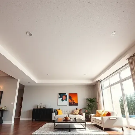 Modern renovated living room in Centennial Colorado with seamless drywall ceiling, stylish decor, and natural sunlight.