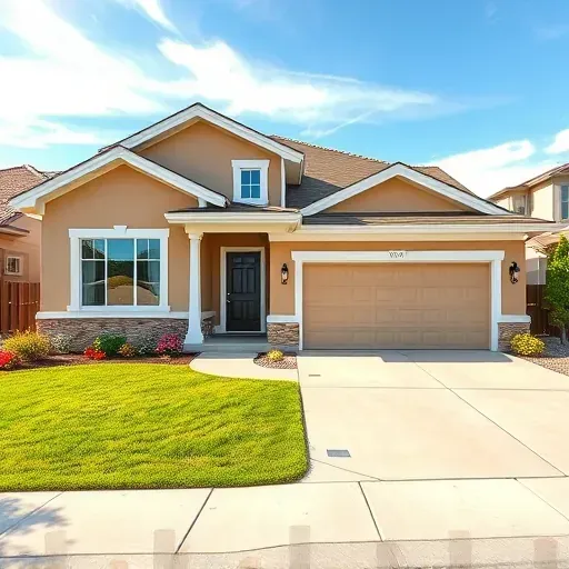 Immaculate modern Colorado home with beige HOA-approved paint, white trim, landscaped yard, stamped driveway, bright sky