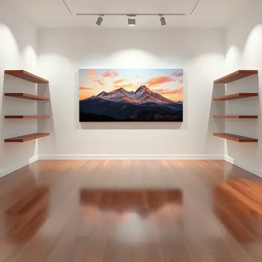 A vibrant painting of the Rocky Mountains at sunset displayed in a modern gallery in Columbine, CO, accentuating artistry.