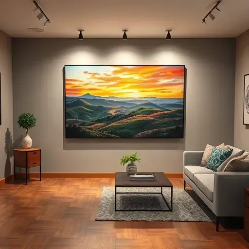 Vibrant painting of Colorado landscapes displayed in a modern Castle Rock art gallery with elegant decor and lighting.
