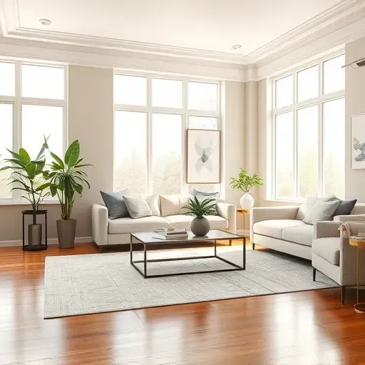 Freshly painted living room in Centennial, CO with smooth beige walls, modern decor, and bright natural light.
