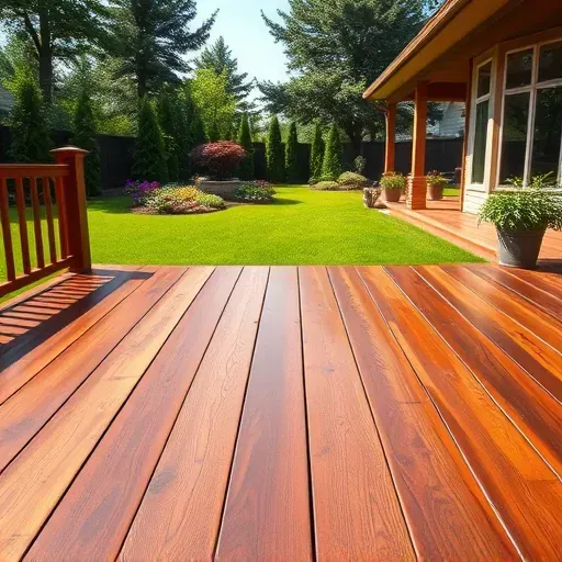 Close-up of a beautifully stained wooden deck in Centennial Colorado with lush backyard scenery and natural lighting