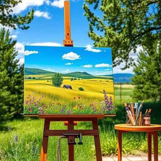 Vibrant landscape painting on easel in Westminster CO, showcasing rolling hills, blue sky, and lush flora and fauna.