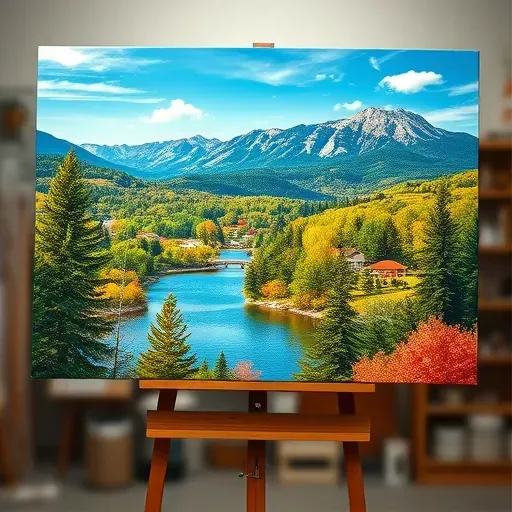 Painting of Lakewood CO features serene lake, lush trees, mountains, and vibrant colors in a blurred art studio.