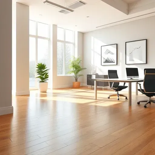 Spacious modern office with light gray walls, polished hardwood floors, natural light, sleek furniture, and fresh paint details
