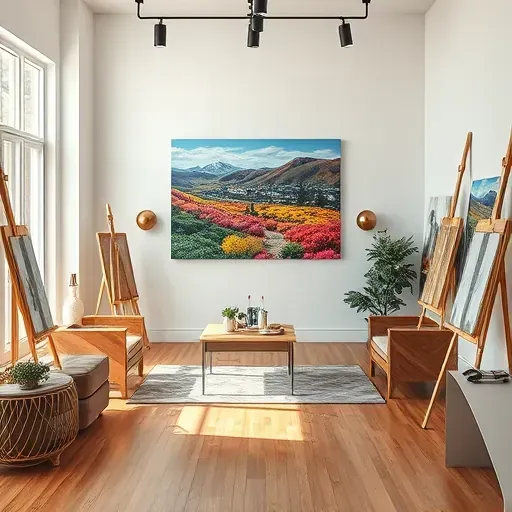 Elegant art studio in Littleton CO, featuring a vibrant local landscape painting, minimalist furniture, and natural lighting.