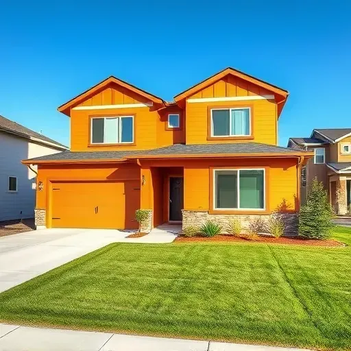 Freshly painted modern home in Centennial Colorado with vibrant warm tones, clean surfaces, lush yard, and suburban background