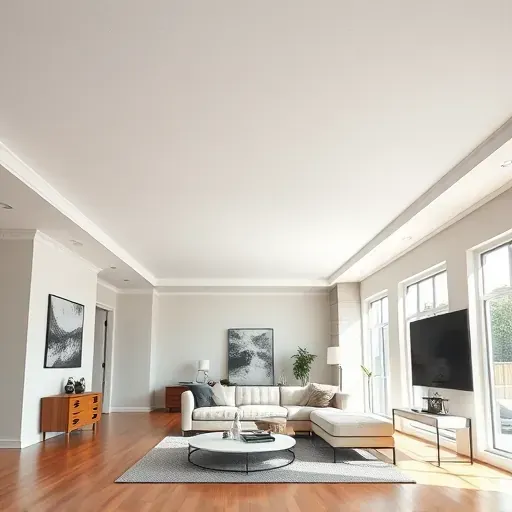 Modern living room with smooth white ceiling, hardwood floors, large windows, contemporary furniture, and tidy decor.