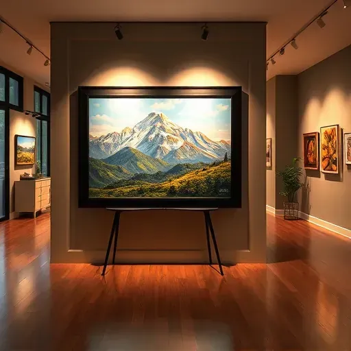 Painting of a serene mountain landscape displayed in an elegant gallery in Ken Caryl, CO with warm lighting and polished wooden floors.