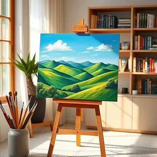 Completed painting on easel in home studio with vibrant landscape, organized art supplies, and warm sunlight.
