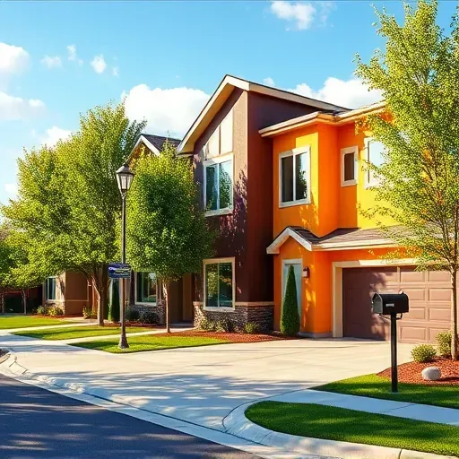 Freshly painted HOA building in Centennial Colorado with vibrant colors, detailed textures, lush greenery, and a pristine neighborhood.