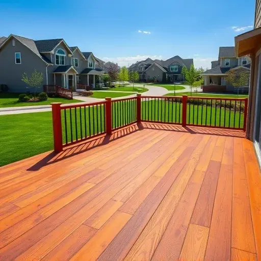 Freshly stained wooden deck in Centennial Colorado with rich tones, detailed grain, lush landscaping, and suburban backdrop