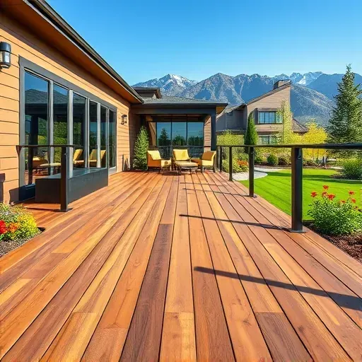 Stained wooden deck in Centennial Colorado with modern home, lush lawn, colorful flowers, mountains, blue sky, and outdoor furniture