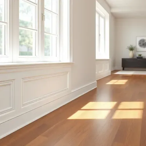 Freshly painted white baseboards along neutral walls and hardwood floors in a modern, well-lit living room interior