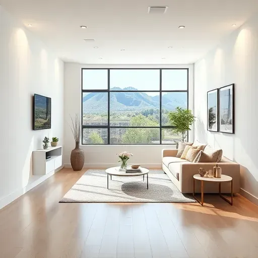Freshly painted modern condo interior in Centennial Colorado with white textured walls, sleek furniture, large windows, and mountain views
