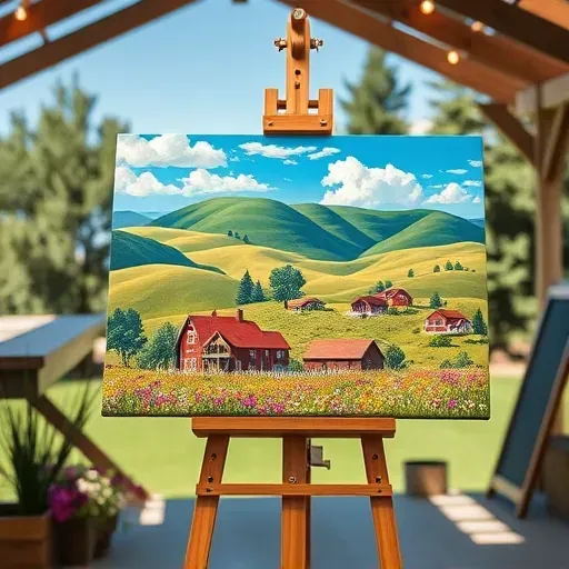Vibrant painting of Foxfield, CO landscapes featuring hills, greenery, houses, wildflowers, and serene outdoor studio.