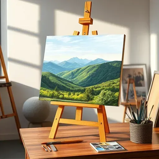 A vibrant painting of a serene landscape in Ken Caryl CO, framed on an easel in an organized art studio setting.