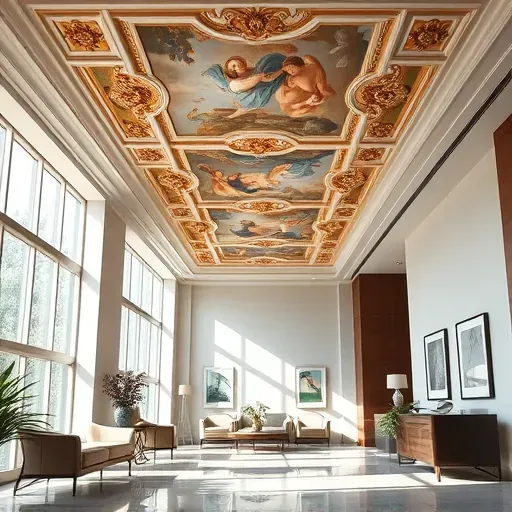 Elegant room in Centennial CO featuring a detailed classical ceiling fresco with vibrant colors, natural lighting and sophisticated decor